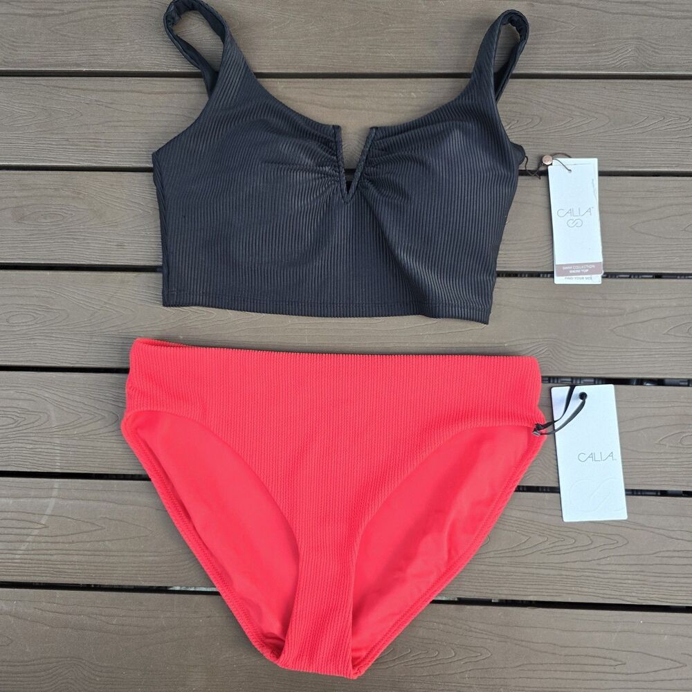 CALIA Women Pure Black Rib Top & Blazin' Coral Crinkled Mid Rise Bikini Sz M New